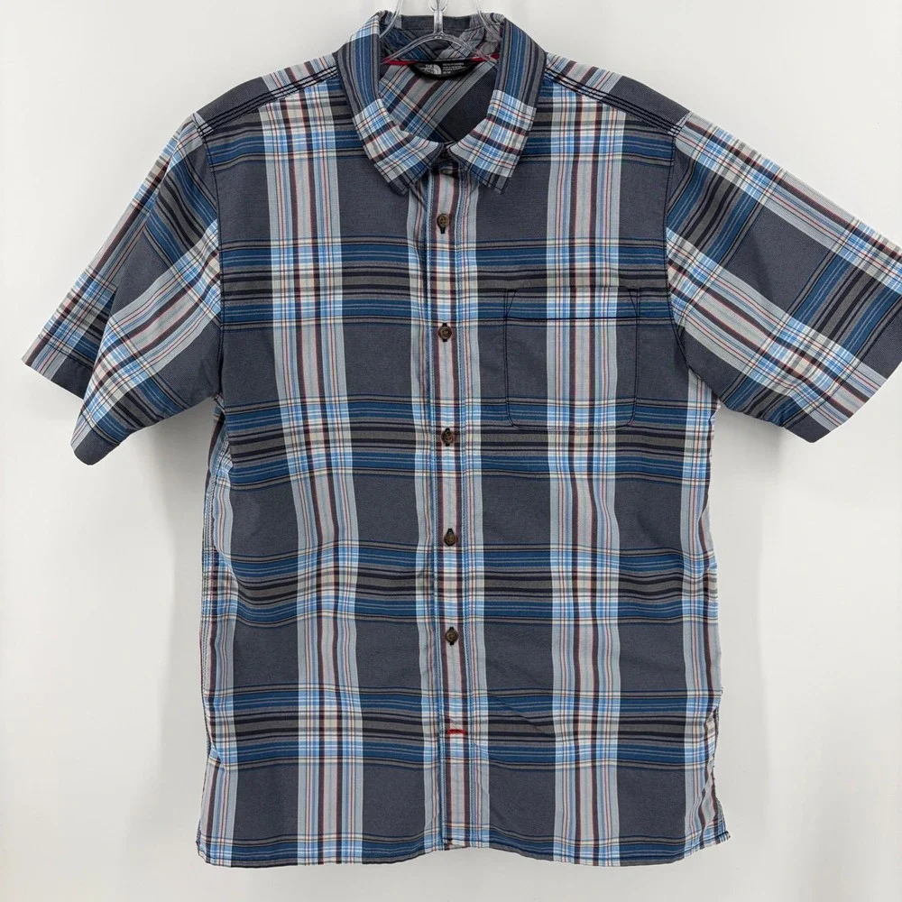 North Face Hiking Shirt Mens Med Blue Plaid Short Sleeve Button Down Performance